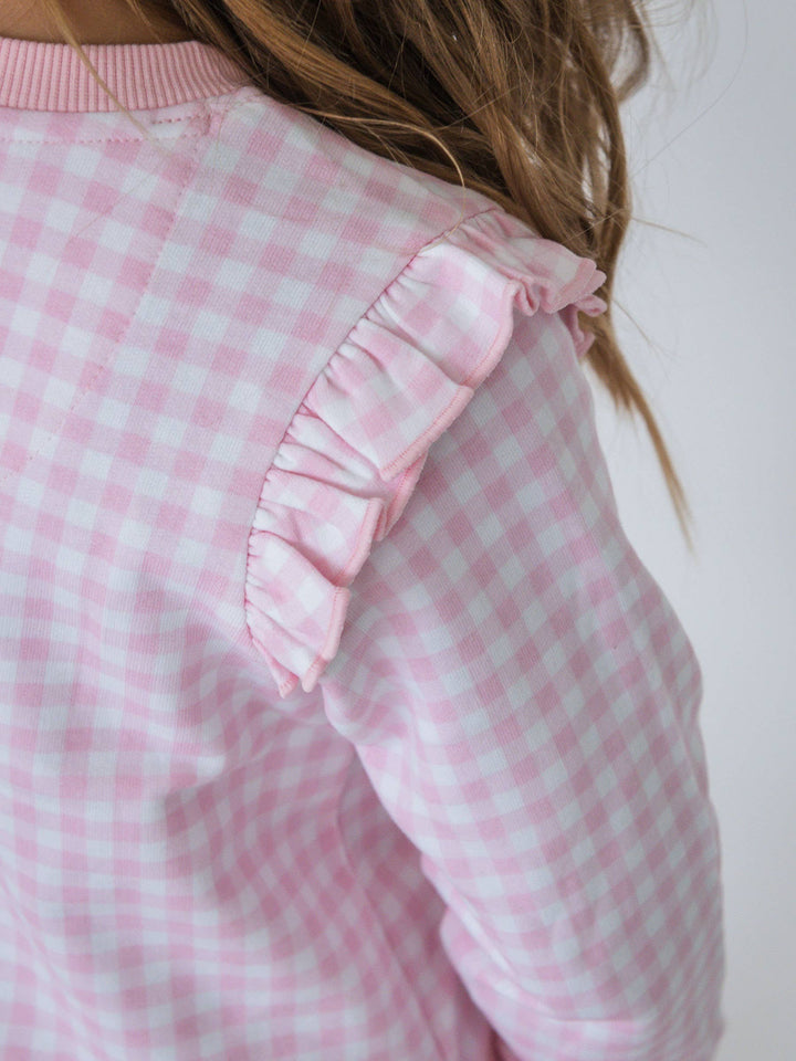Girls Dear Santa Pink Gingham Applique Flutter Sweatshirt