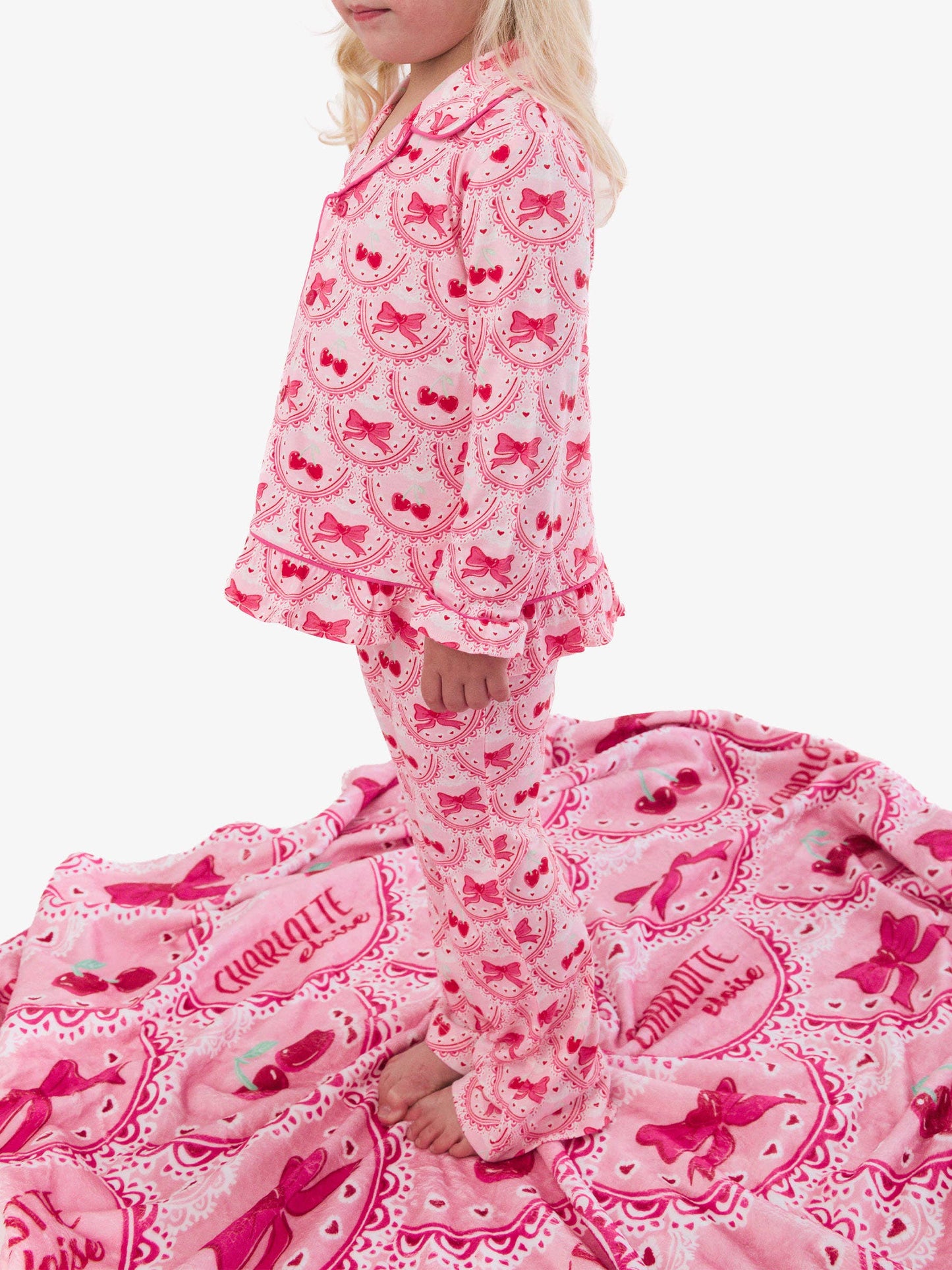 SoftSnooze™ Girls Love You Cherry Much Long Sleeve Button Up Ruffle Flare Pajama Set