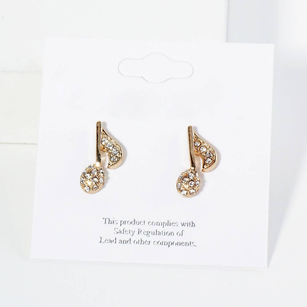 Crystal Stone Paved Music Note Stud Earrings