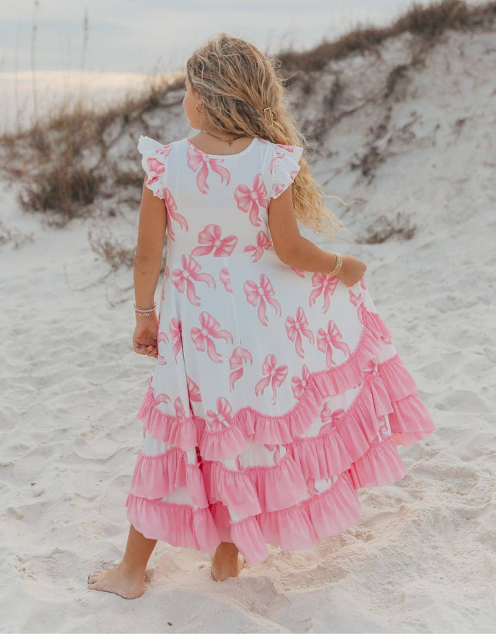 Kids Bella Pink Bow Flutter Sleeve Ruffles Spring Dress