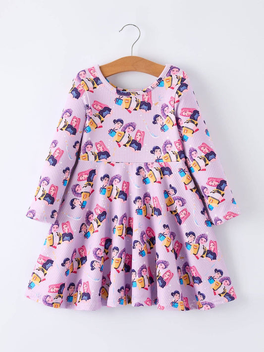 Girls Purple Print Long Sleeve Twirl Dress