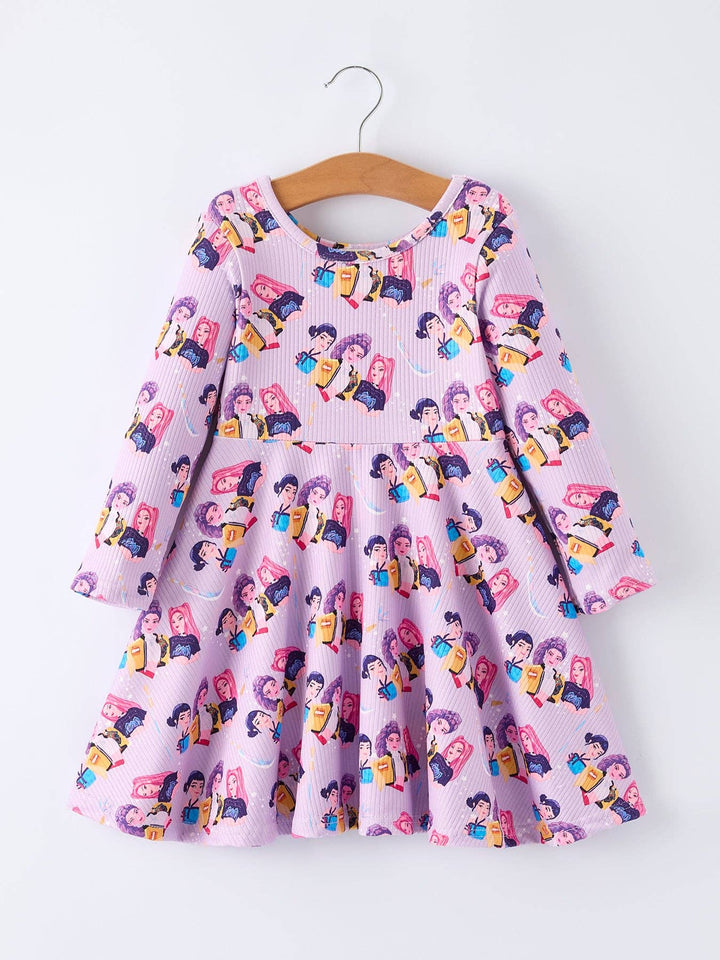 Purple Pop Star Print Long Sleeve Twirl Dress