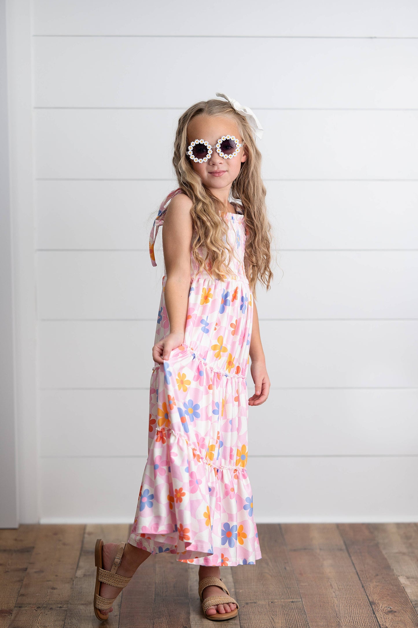 Girls Pink Retro Daisy Tiered Spring Summer Maxi Dress