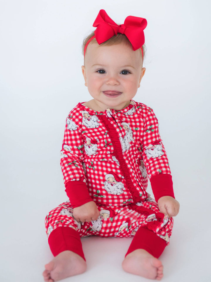 Pijama de una pieza convertible con volantes en rojo Dear Santa de viscosa de bambú para niñas SoftSnooze™