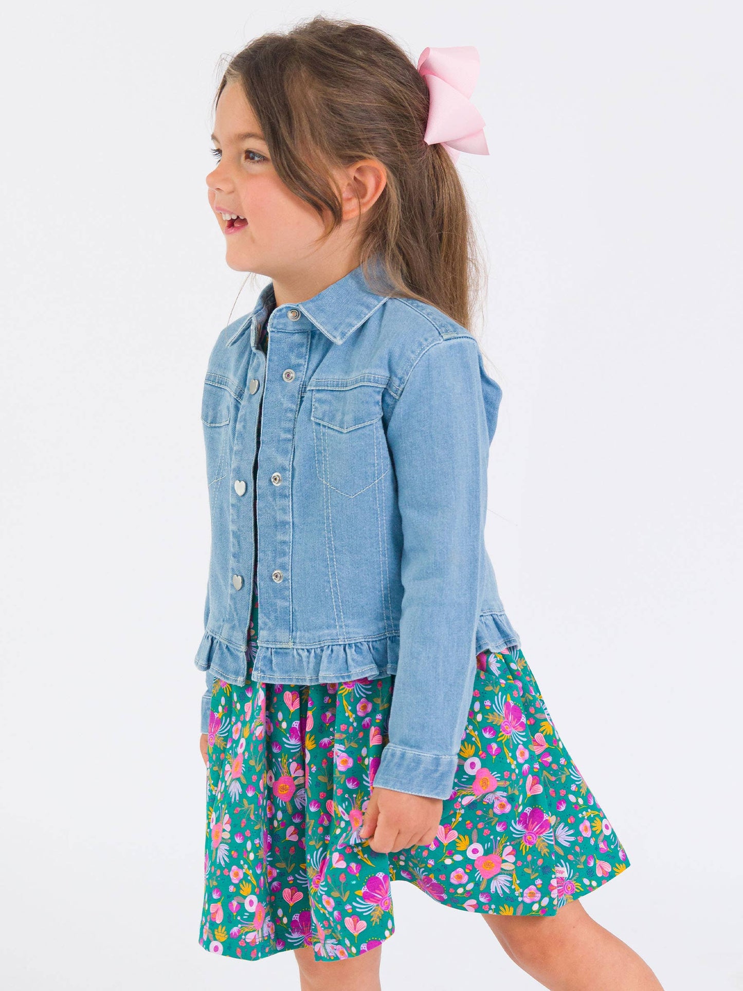Girls Light Wash Denim Stretch Denim Ruffle Jean Jacket with Heart Buttons