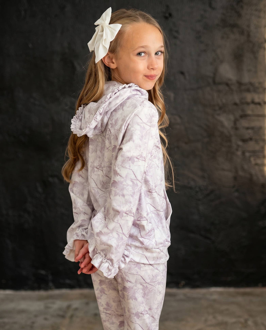 Kids Light Gray Camo Hooded Ruffle Pocket Lounge Set
