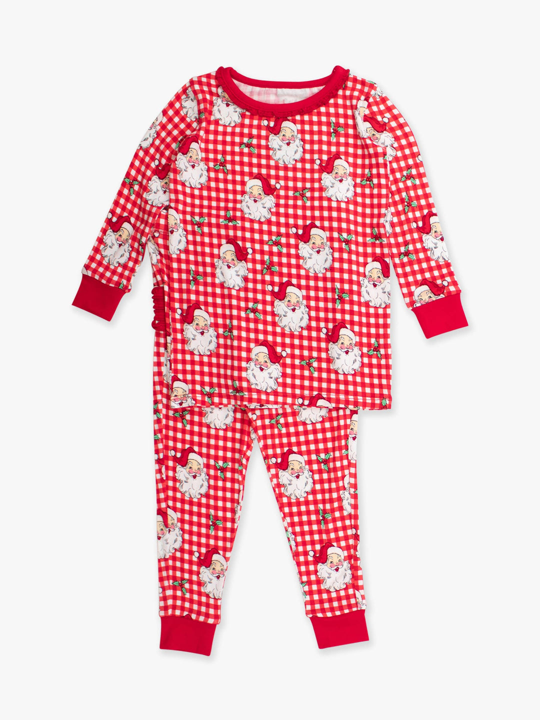 Pijama de manga larga con volantes rojos de viscosa de bambú para niñas pequeñas SoftSnooze™ con volantes traseros característicos
