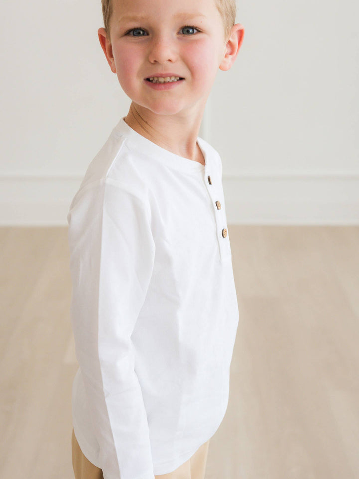Boys White Knit Long Sleeve Henley Tee