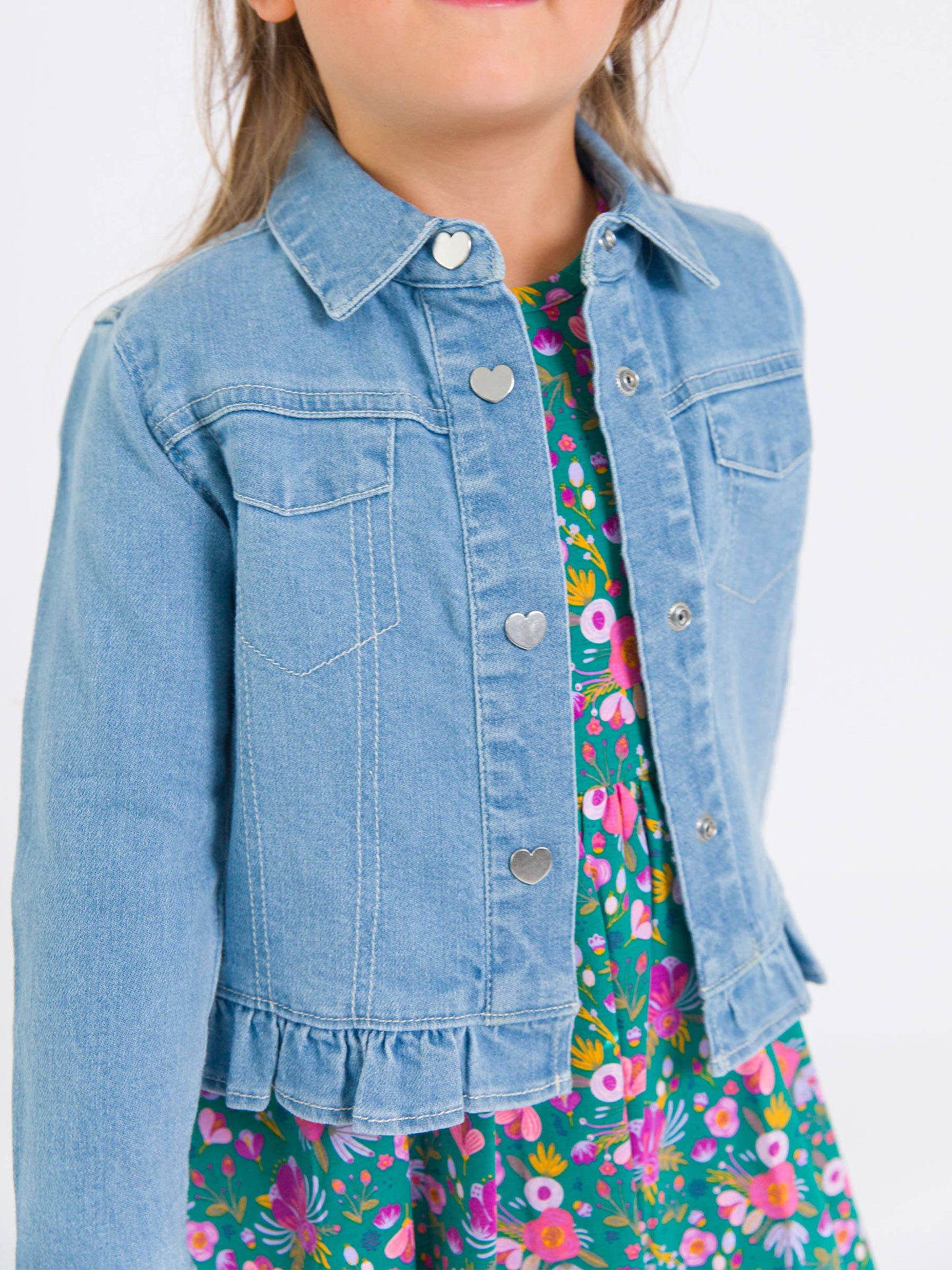 Girls Light Wash Denim Stretch Denim Ruffle Jean Jacket with Heart Buttons