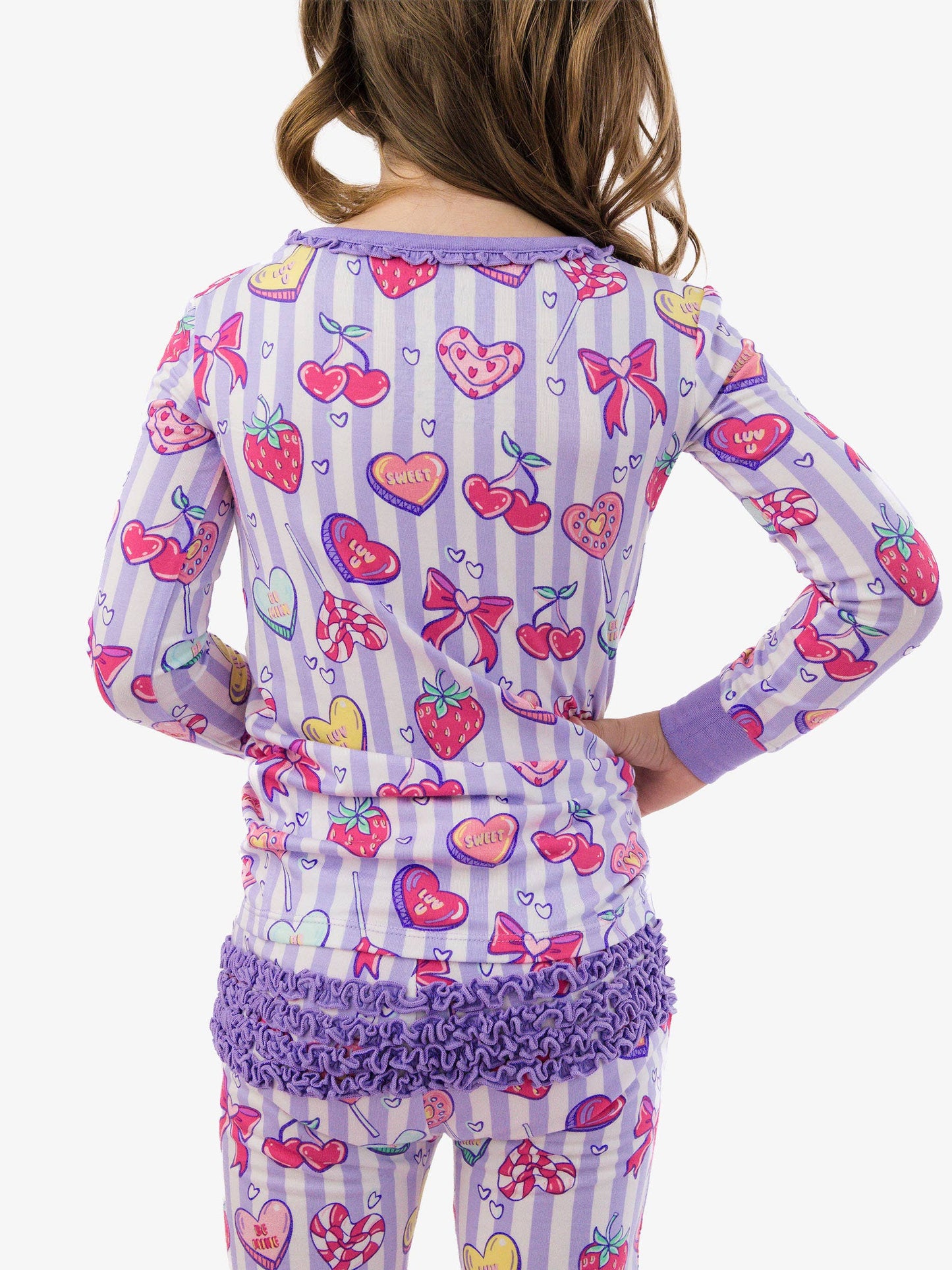 SoftSnooze™ Toddler Girls Bamboo Viscose Lolly Hearts Ruffle Long Sleeve Pajama Set with Signature Rear Ruffles
