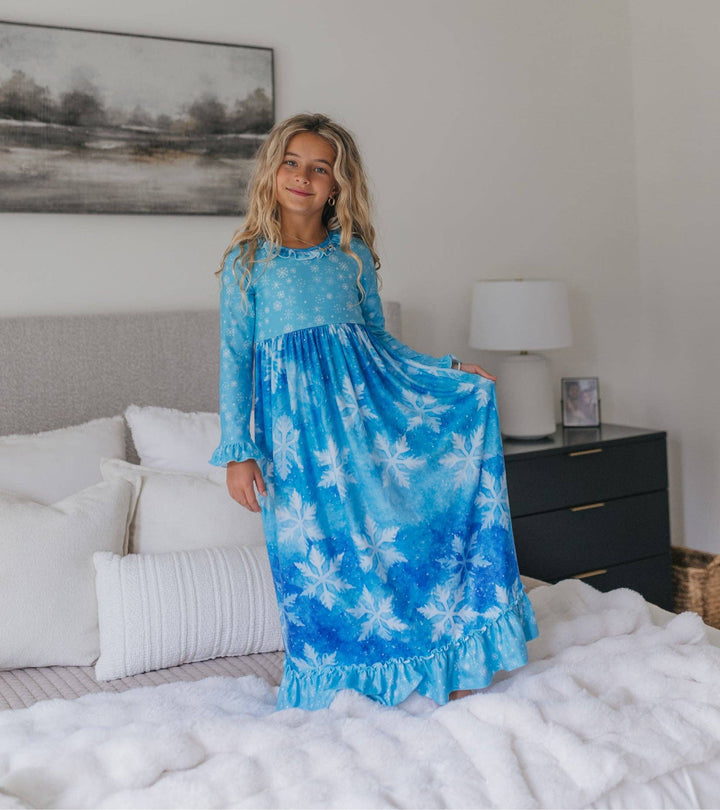 Girls Blue Snowflake Ice Princess Holiday Lounge Play Gown