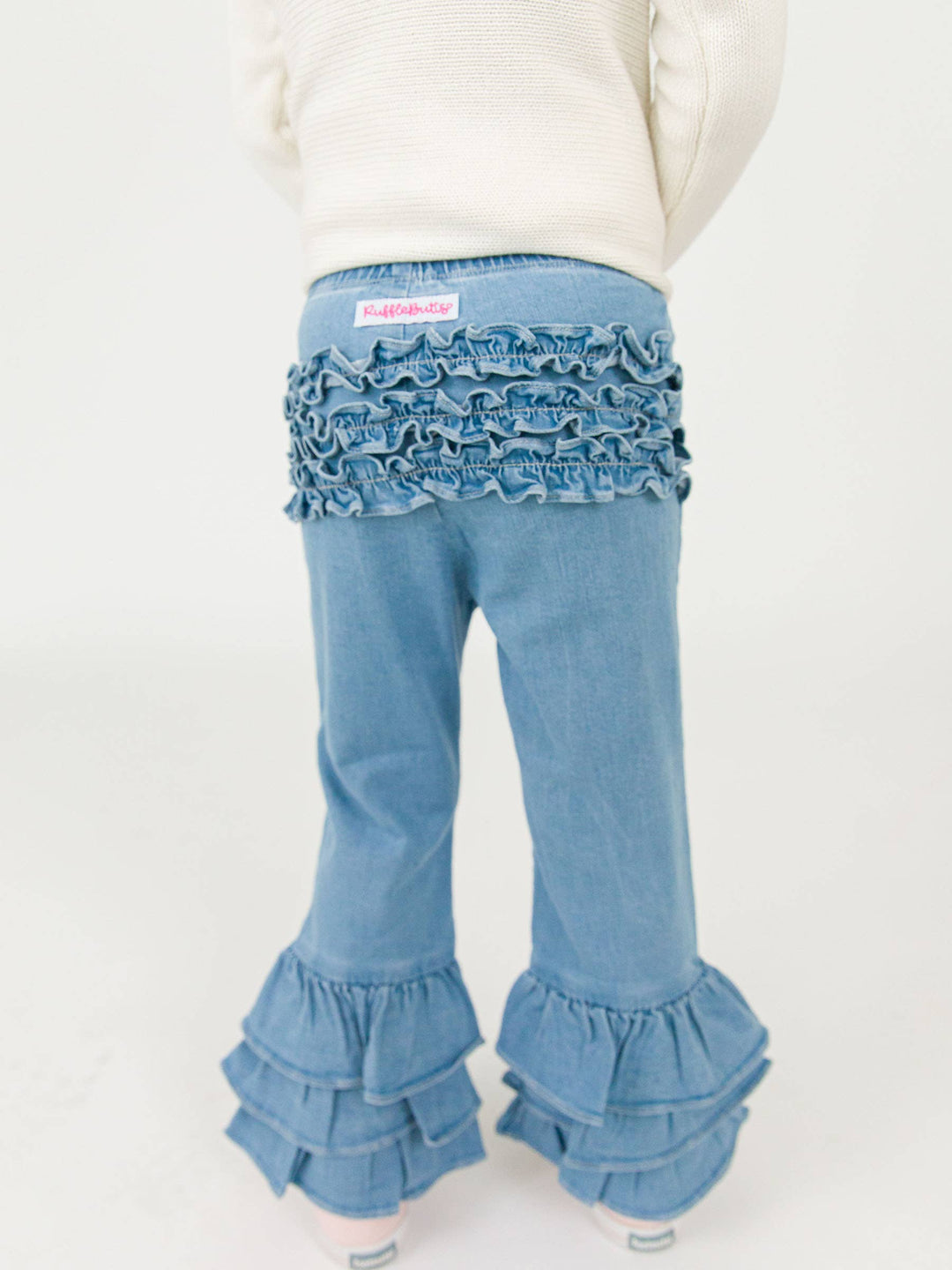 Toddler Girls Light Wash Denim Denim Ruffle Flare Pants with Signature Rear Ruffles