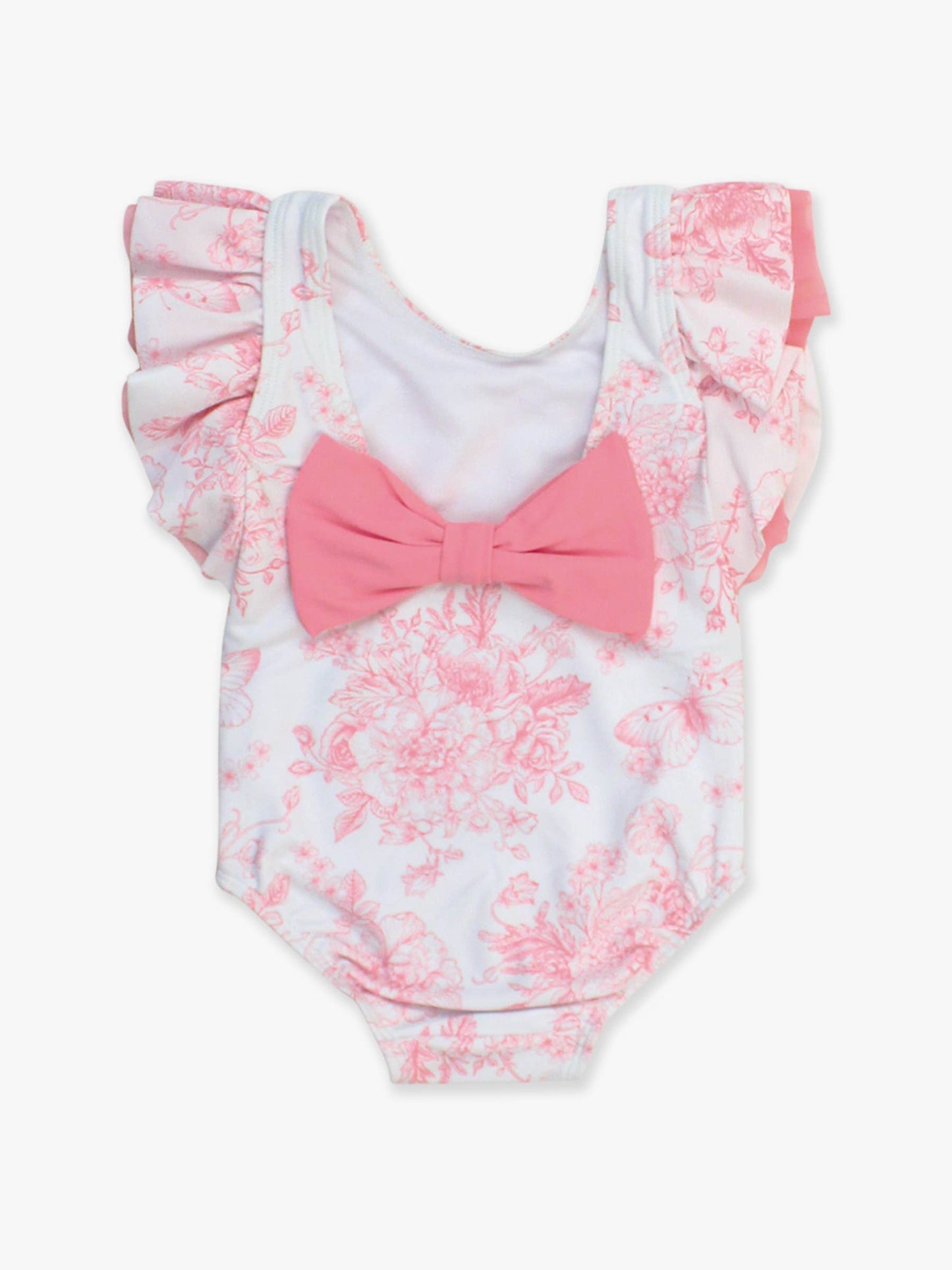 Girls Bubblegum Pink Butterfly Garden Toile Butterfly Sleeve One Piece Swimsuit