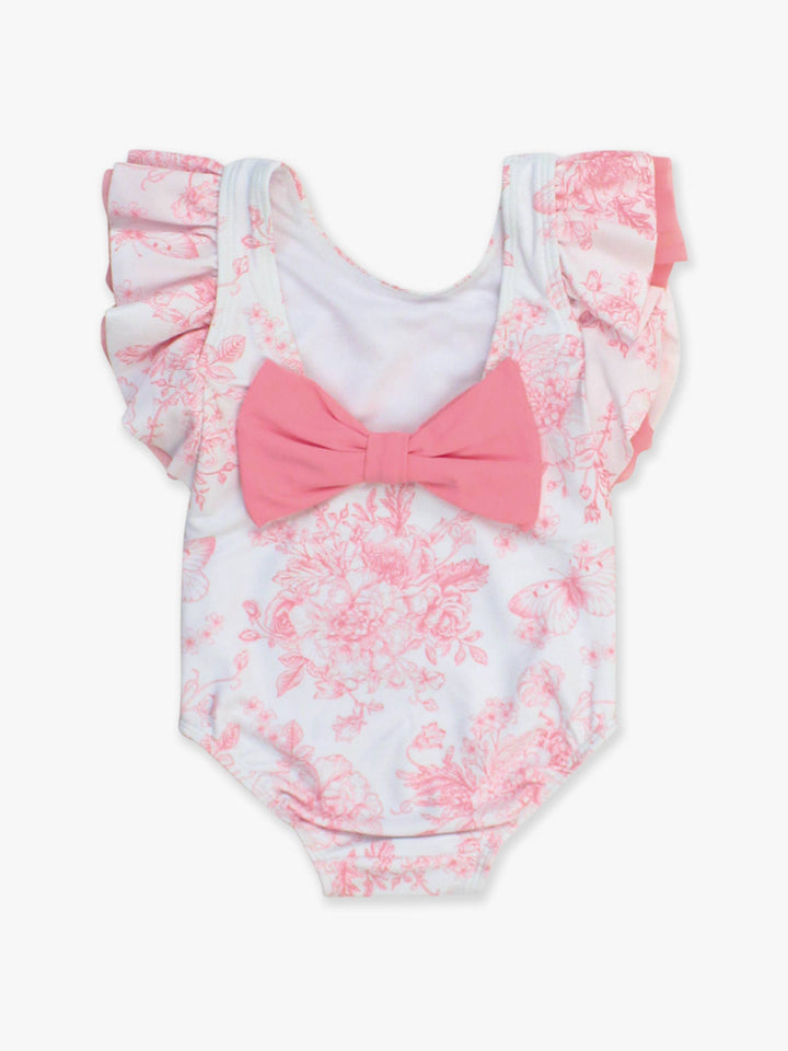 Girls Bubblegum Pink Butterfly Garden Toile Butterfly Sleeve One Piece Swimsuit