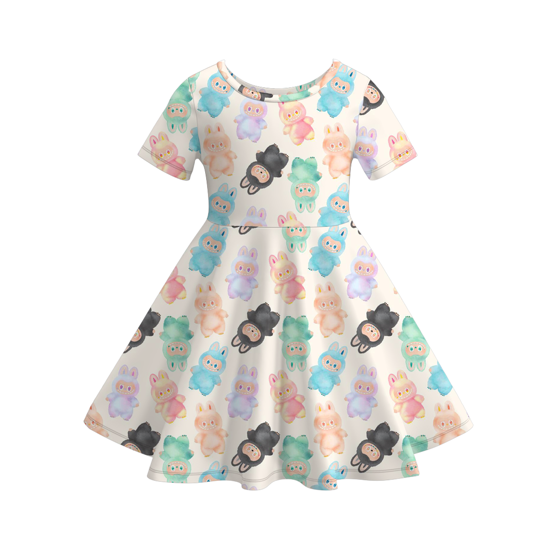 Cute Monster Print Short Sleeve Twirly Dress