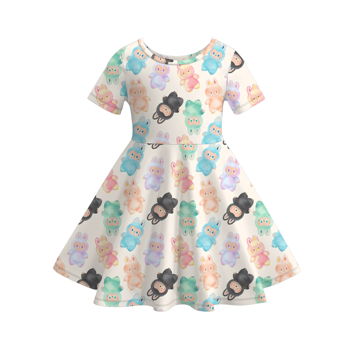 Cute Monster Print Short Sleeve Twirly Dress