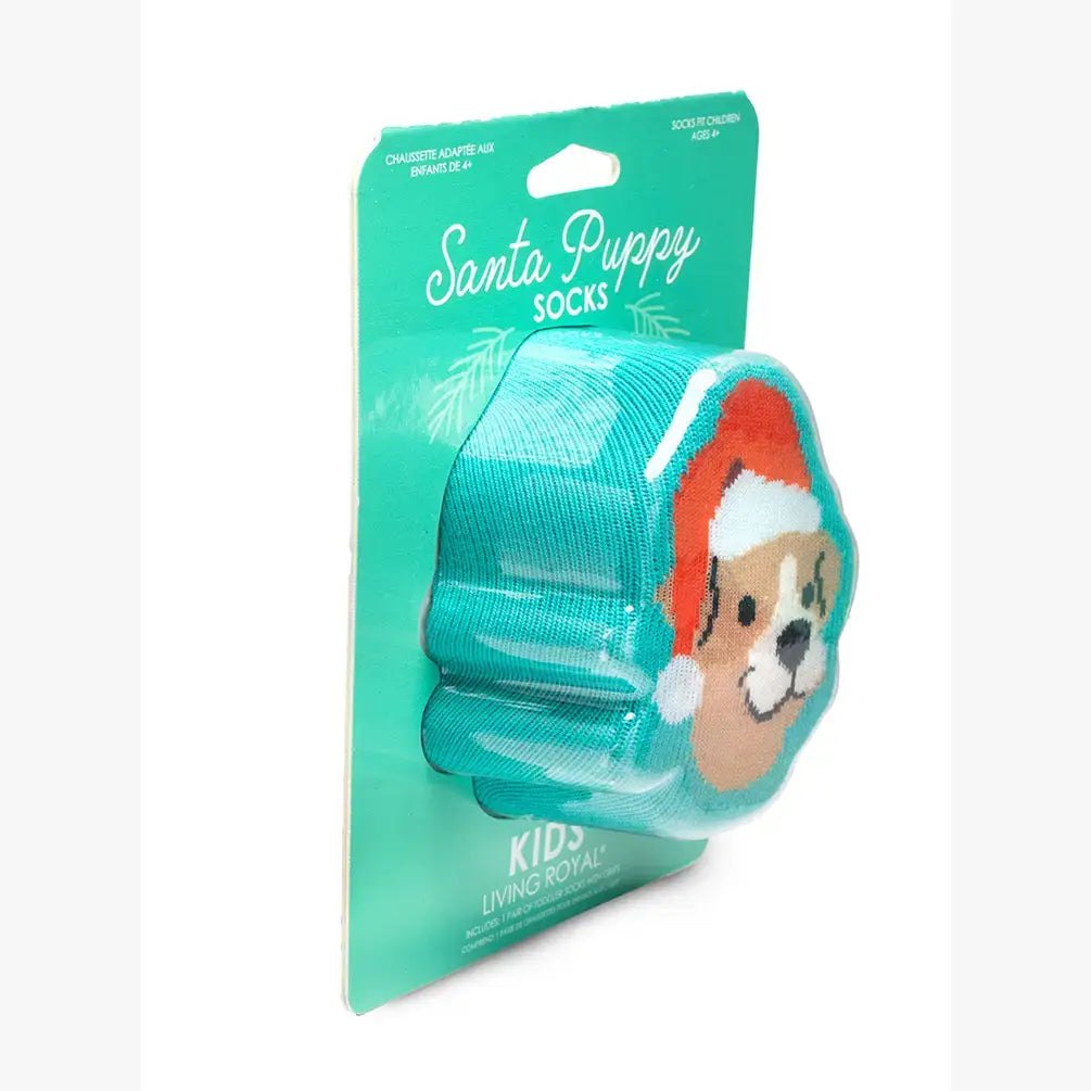 Calcetines deportivos con empaque 3D - Niños - Festivos - Cachorro de Papá Noel - Verde azulado