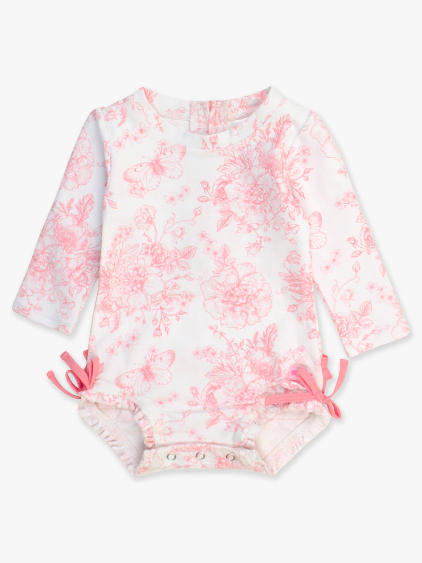 Baby Girls Bubblegum Pink Butterfly Garden Toile Long Sleeve One Piece Rash Guard Swimsuit with Signature Rear Ruffles