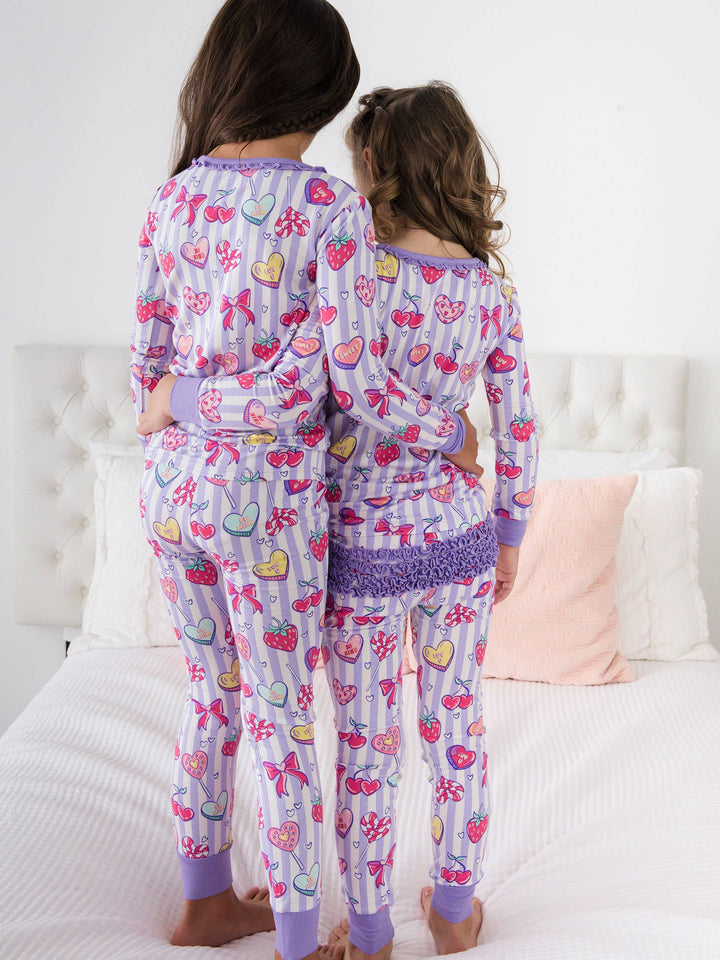 SoftSnooze™ Toddler Girls Bamboo Viscose Lolly Hearts Ruffle Long Sleeve Pajama Set with Signature Rear Ruffles