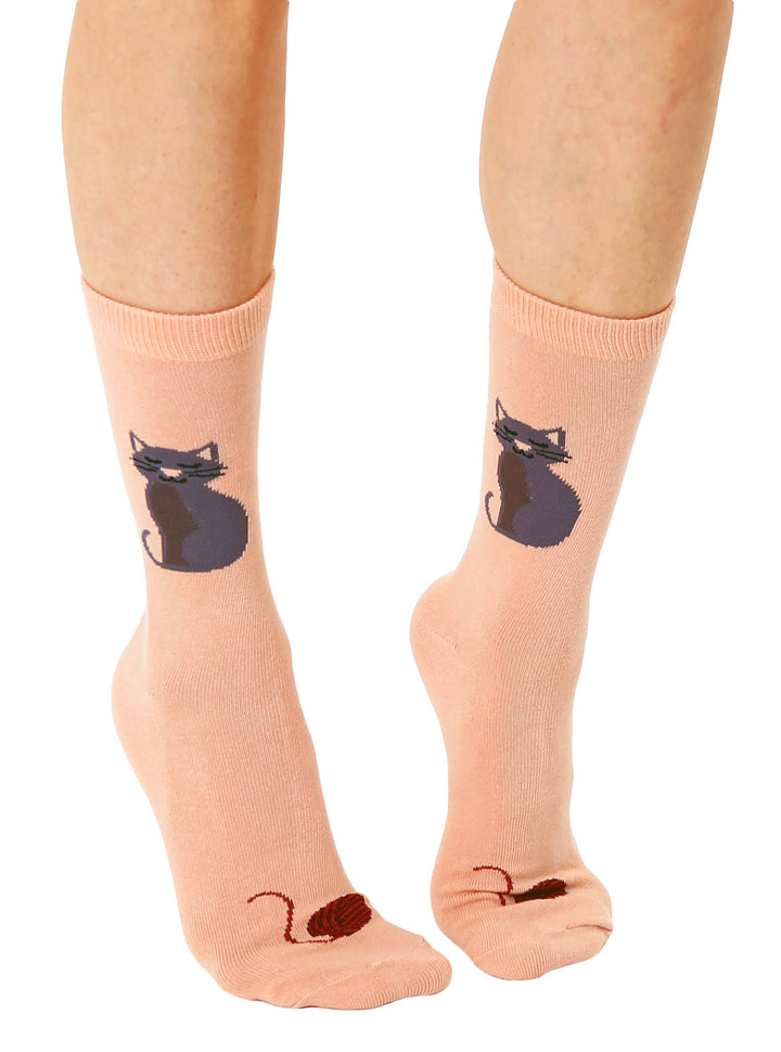 3D Packaged Crew Socks - Kitty Cat w/ Yarn Ball - Peach