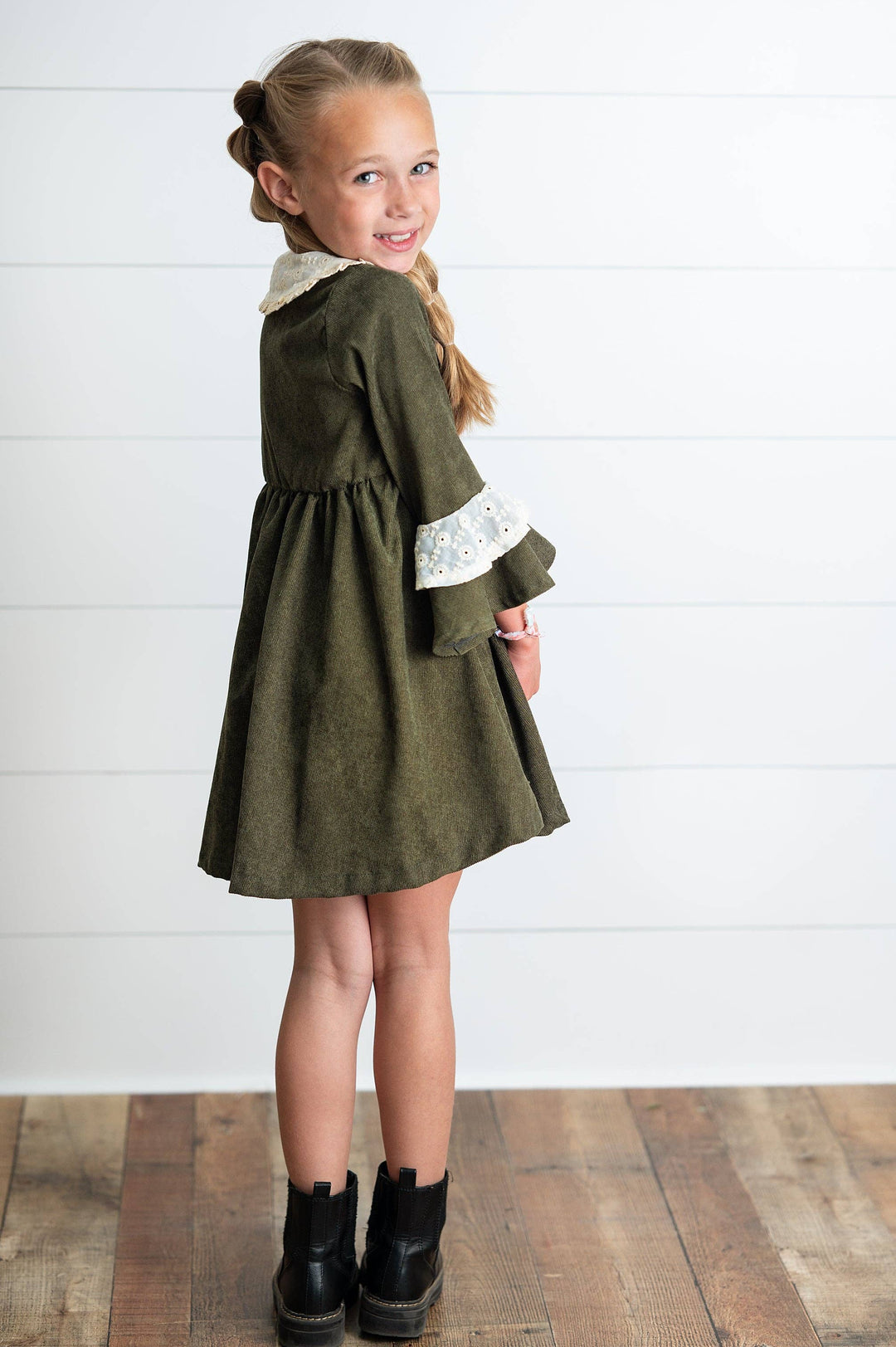 Girls Olive Green Corduroy &amp; Lace Bell Sleeve Fall Dress
