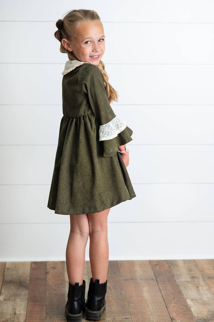 Girls Olive Green Corduroy &amp; Lace Bell Sleeve Fall Dress