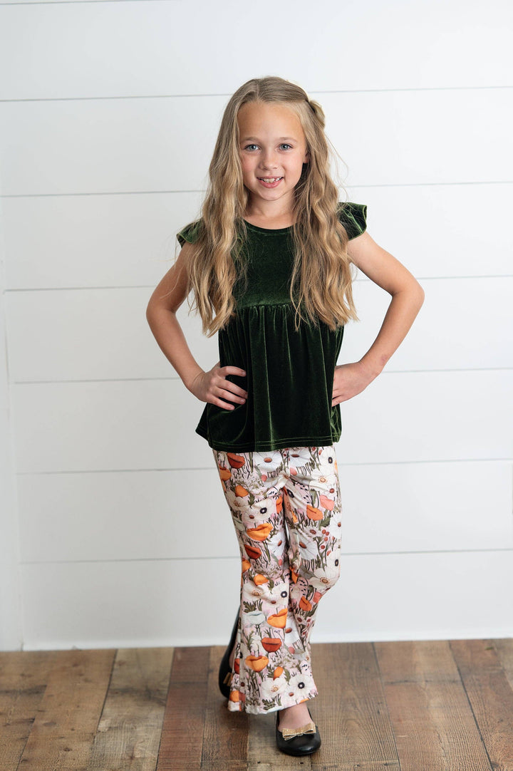 Girls Olive Velvet Ruffle Top &amp; Retro Bell Bottom Pant Set