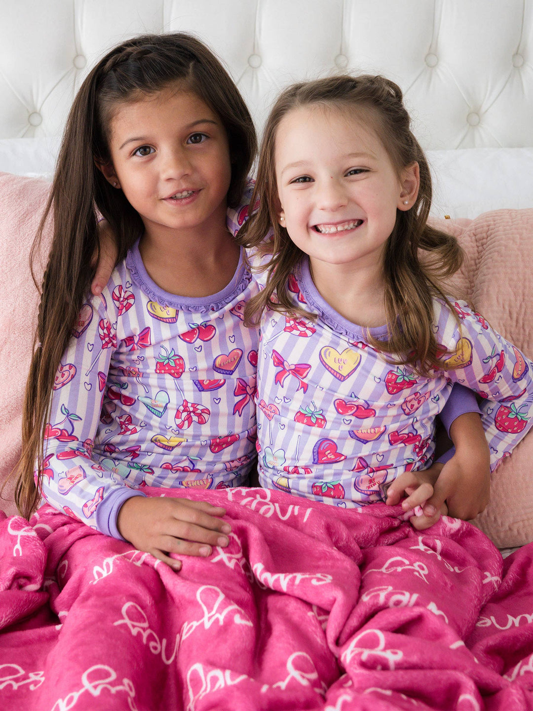 SoftSnooze™ Toddler Girls Bamboo Viscose Lolly Hearts Ruffle Long Sleeve Pajama Set with Signature Rear Ruffles