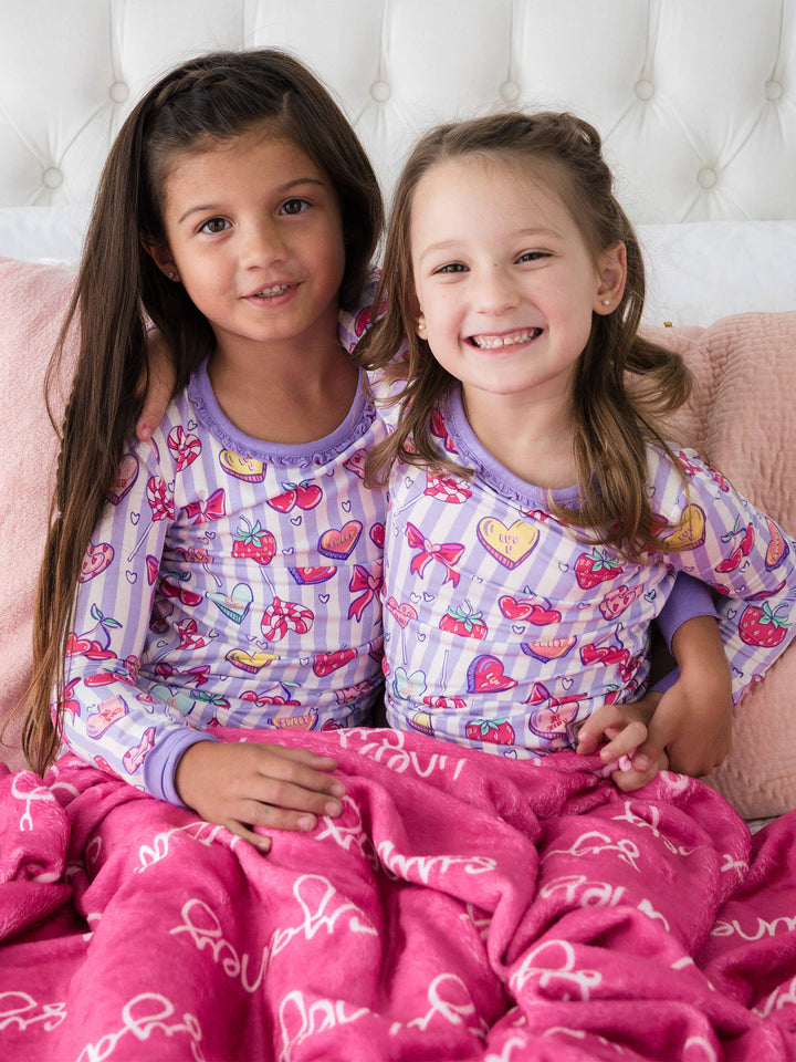 SoftSnooze™ Toddler Girls Bamboo Viscose Lolly Hearts Ruffle Long Sleeve Pajama Set with Signature Rear Ruffles