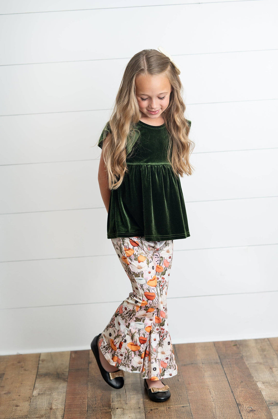 Girls Olive Velvet Ruffle Top &amp; Retro Bell Bottom Pant Set