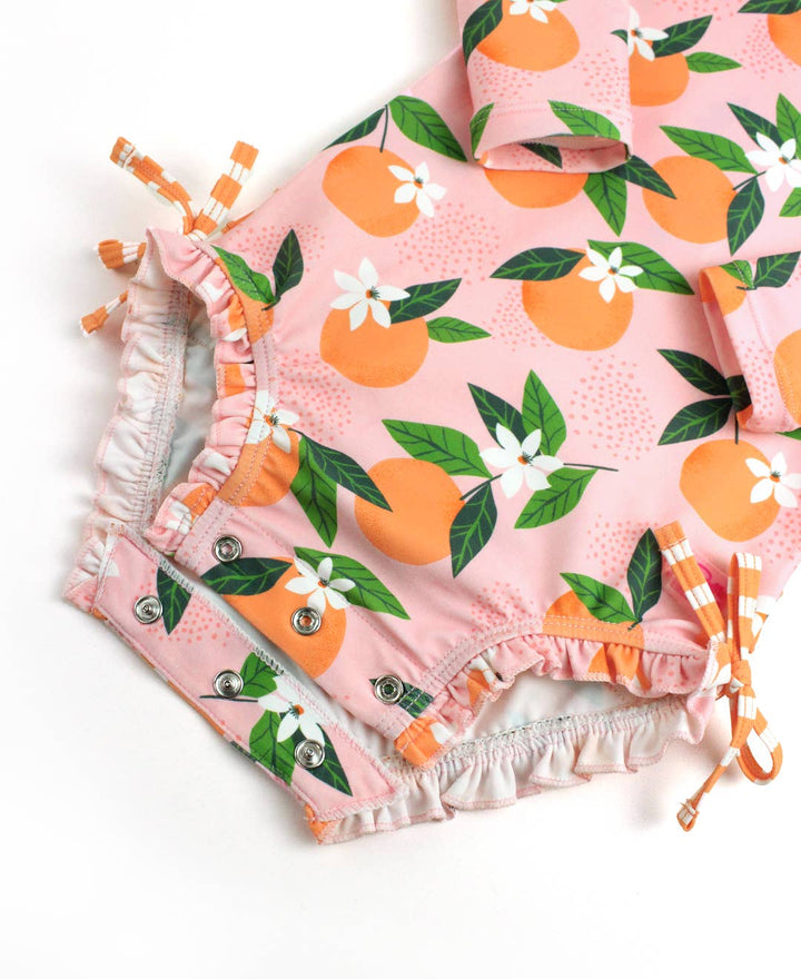 Baby Girls Orange You The Sweetest Long Sleeve One Piece Rash Guard Swimsuit with Signature Rear Ruffles