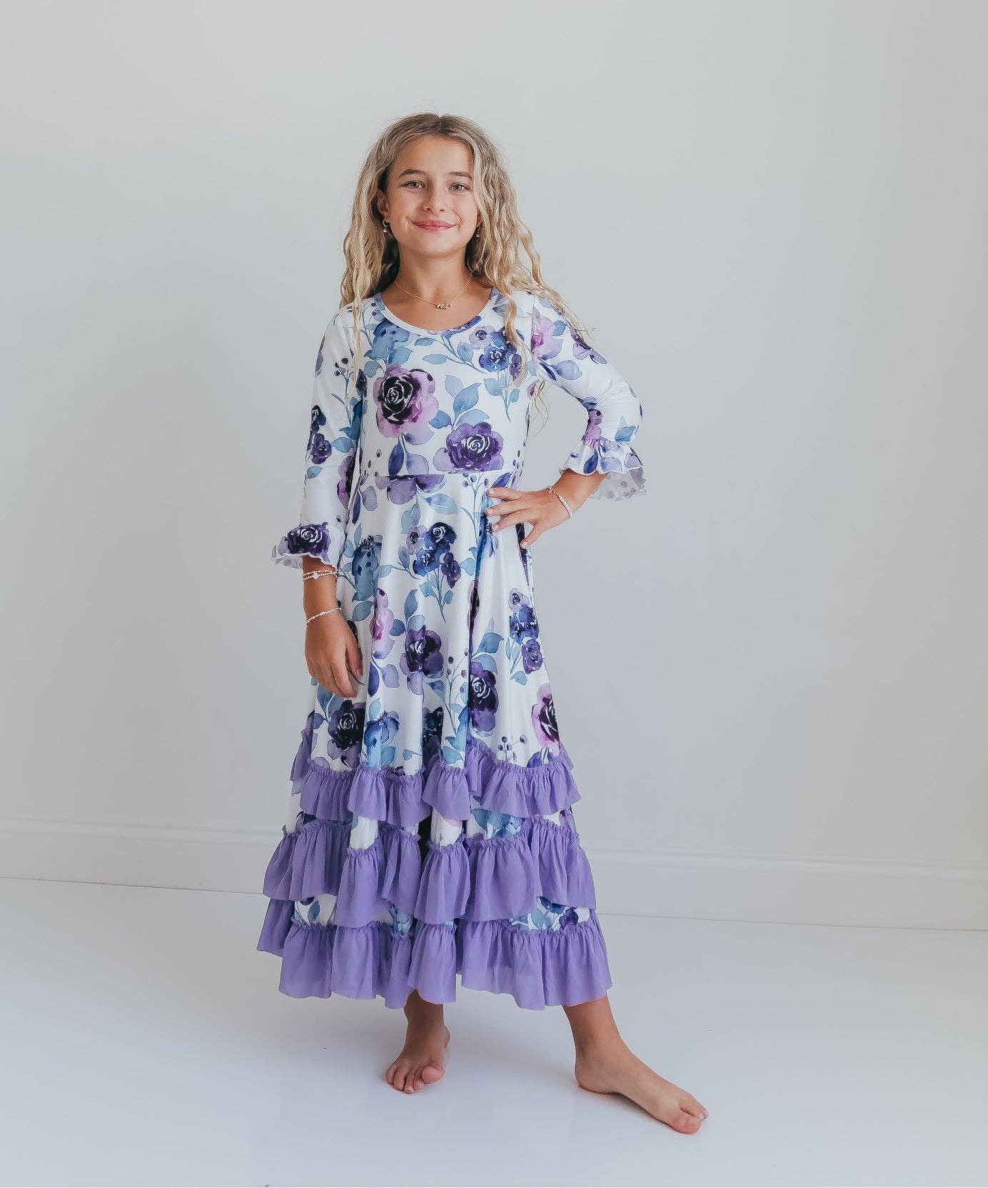 Girls Lavender Winter Floral Long Sleeve Ruffles Dress