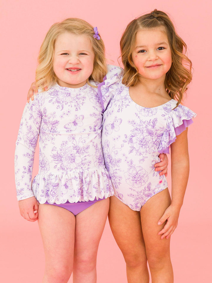 Girls Wisteria Purple Butterfly Garden Toile Butterfly Sleeve One Piece Swimsuit