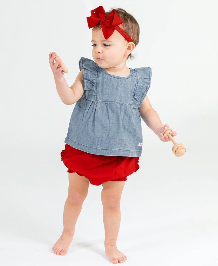 Girls Light Wash Denim Classic Ruffle Tank Woven