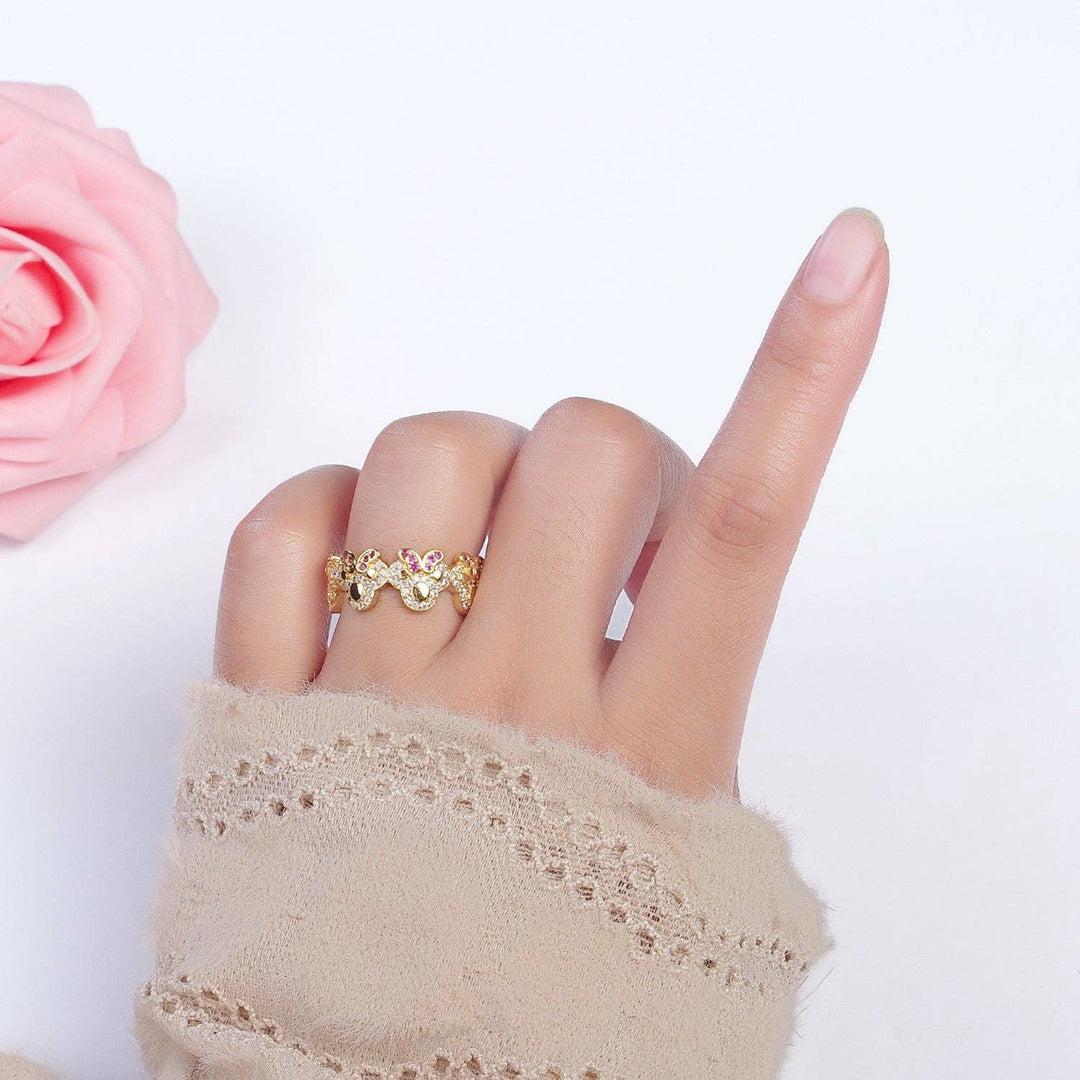 Clear Pave CZ Fuchsia-Bowed Mouses Adjustable Gold Ring