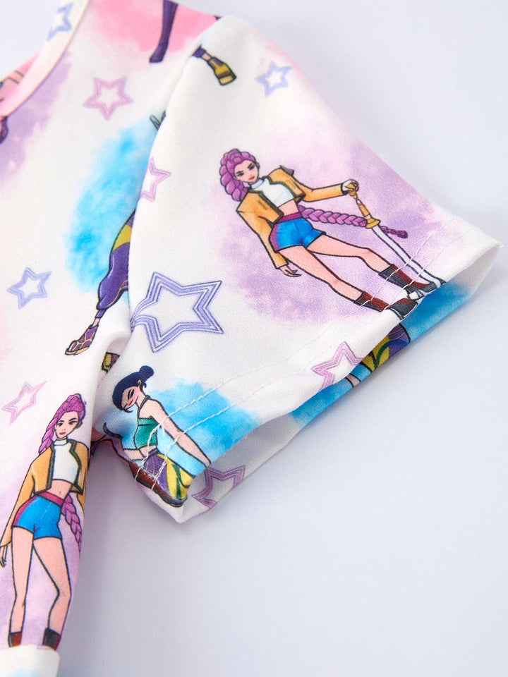 Summer Pop Star Print Girls Twirly Short Sleeve Dress