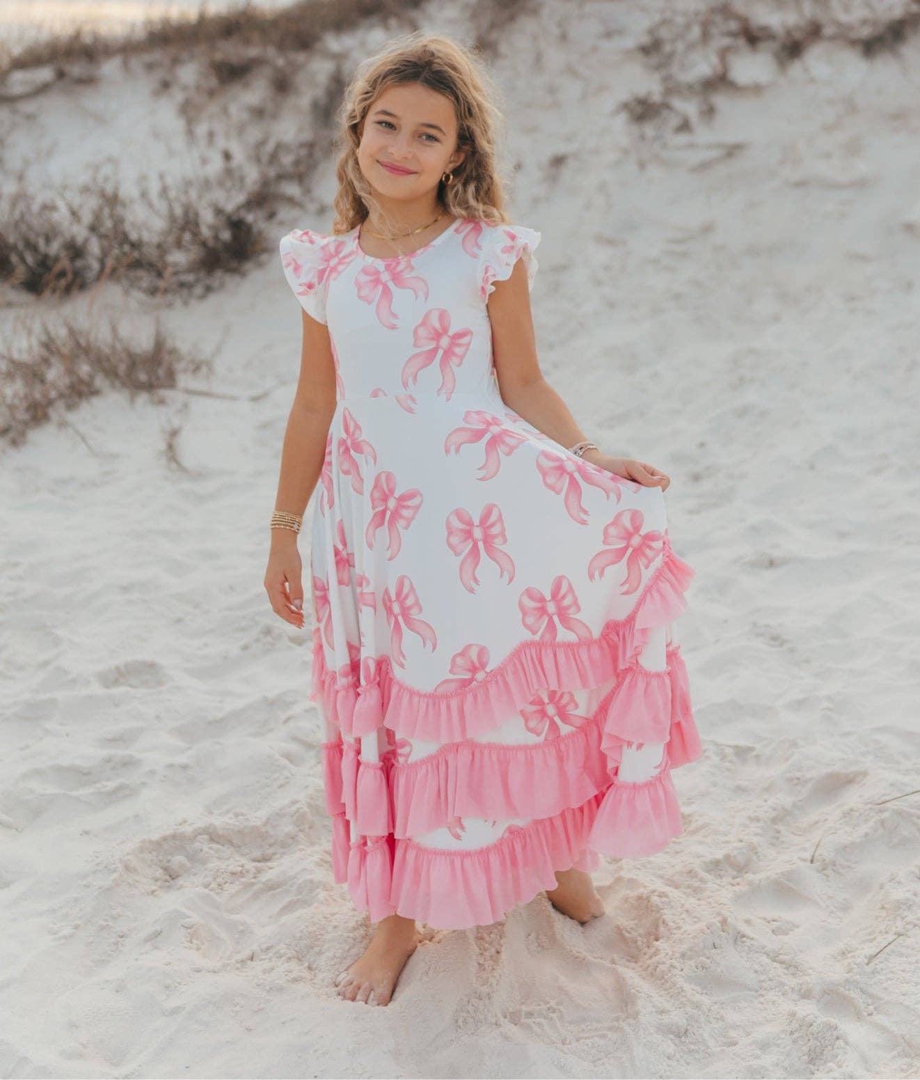 Kids Bella Pink Bow Flutter Sleeve Ruffles Spring Dress