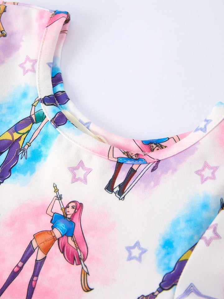 Summer Pop Star Print Girls Twirly Short Sleeve Dress