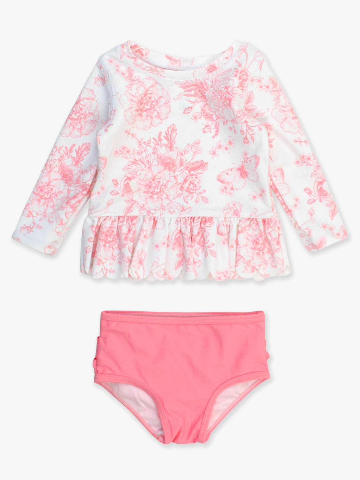 Girls Bubblegum Pink Butterfly Garden Toile Scallop Hem Long Sleeve Rash Guard 2-Piece Swimsuit with Signature Rear Ruffles