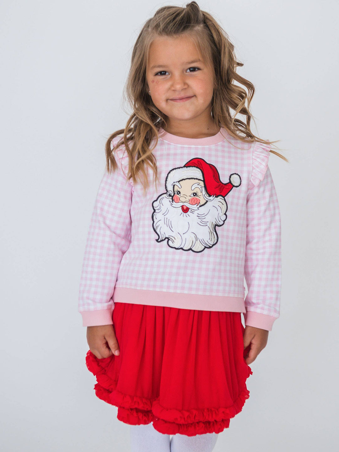 Girls Dear Santa Pink Gingham Applique Flutter Sweatshirt