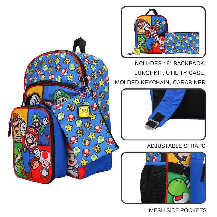 Super Mario Bros Characters &amp; Power-Ups 16 inch Youth 5-Piece Backpack Set