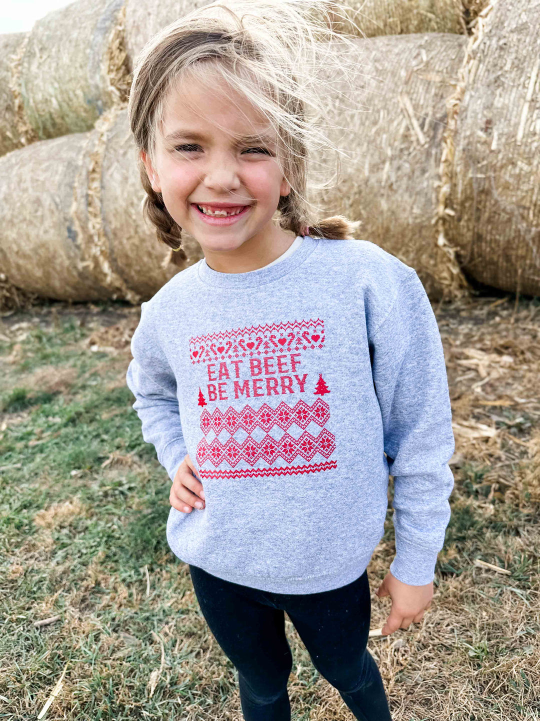 Jersey de cuello redondo gris para niños pequeños y jóvenes "Eat Beef Be Merry" de Navidad