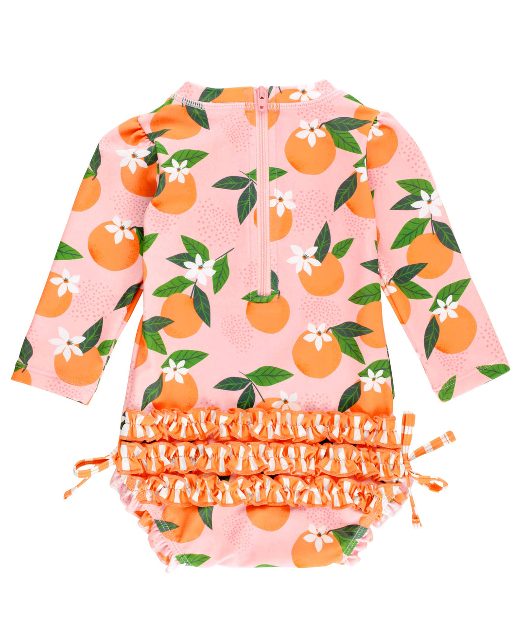 Baby Girls Orange You The Sweetest Long Sleeve One Piece Rash Guard Swimsuit with Signature Rear Ruffles