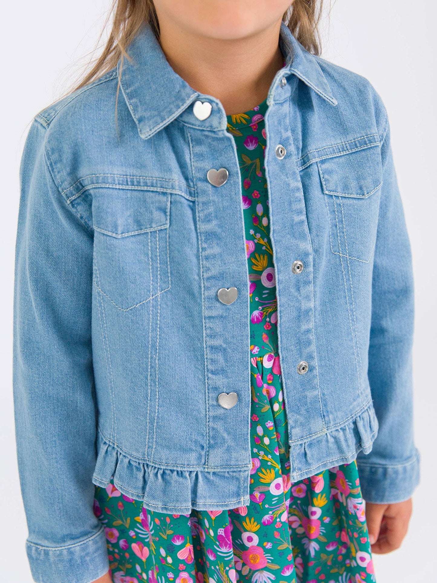 Girls Light Wash Denim Stretch Denim Ruffle Jean Jacket with Heart Buttons