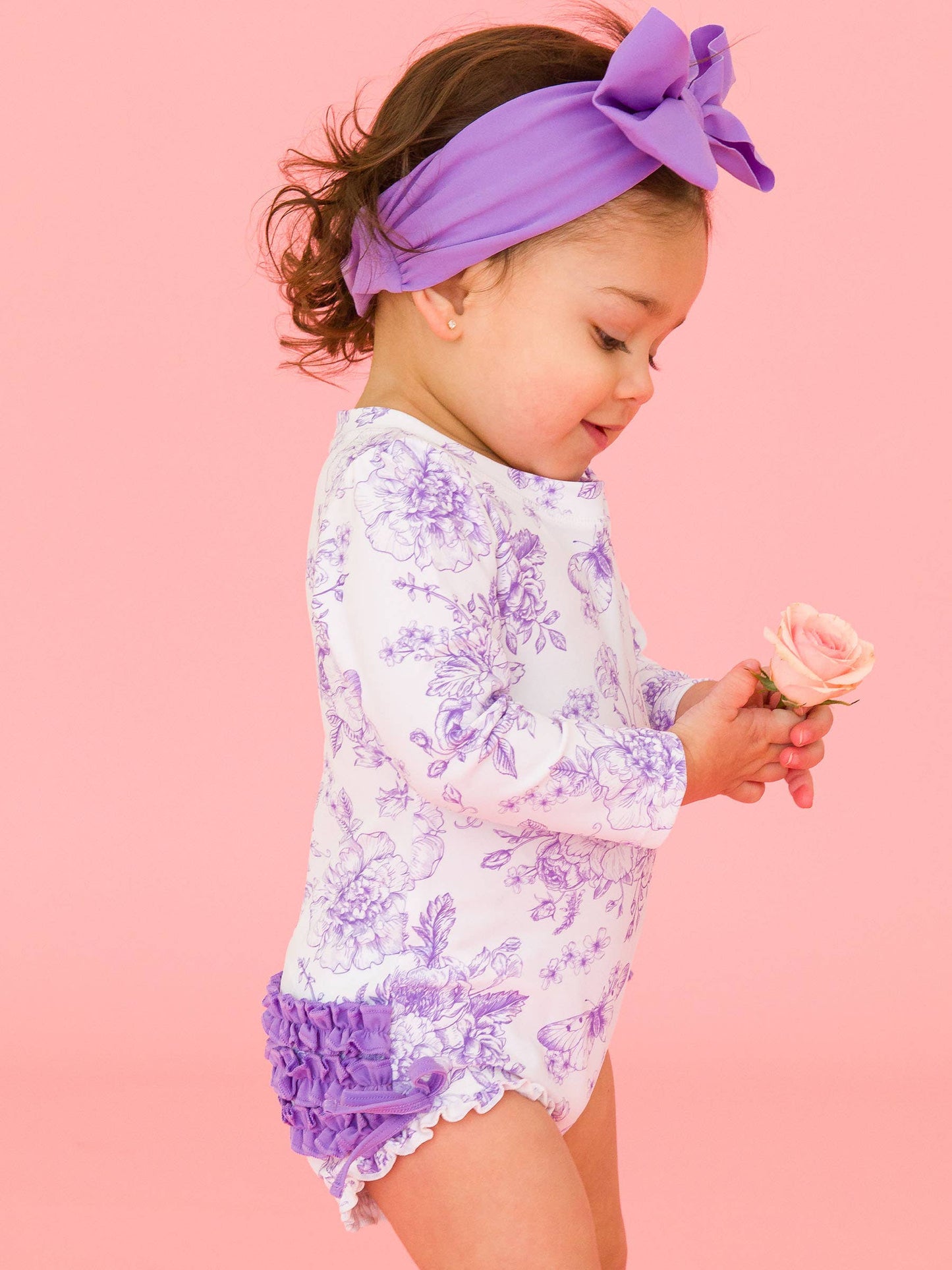Baby Girls Wisteria Purple Butterfly Garden Toile Long Sleeve One Piece Rash Guard Swimsuit with Signature Rear Ruffles