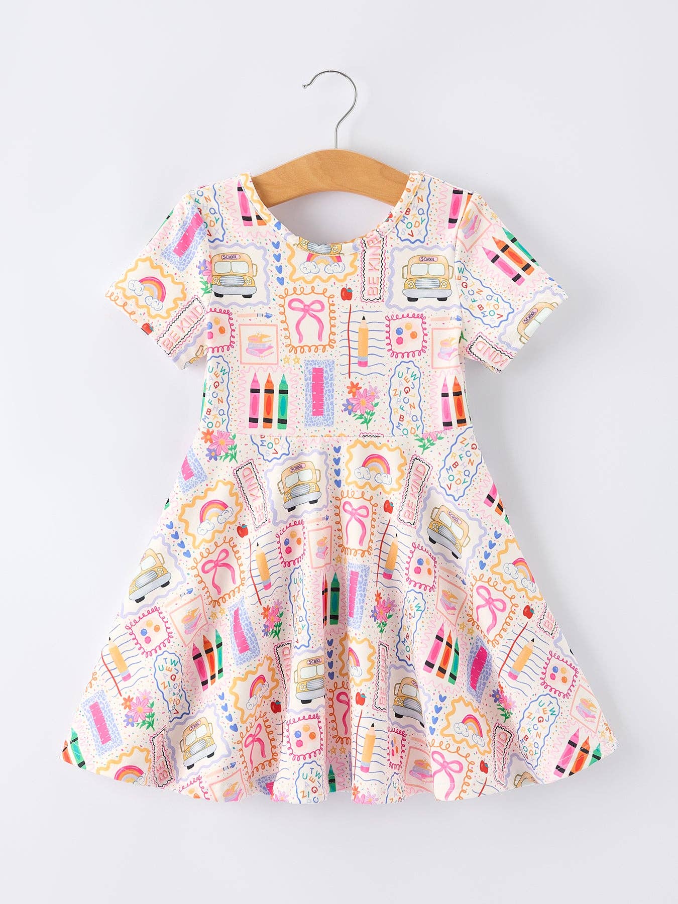 Back to School Rainbow Print Girls Dress Short Sleeve