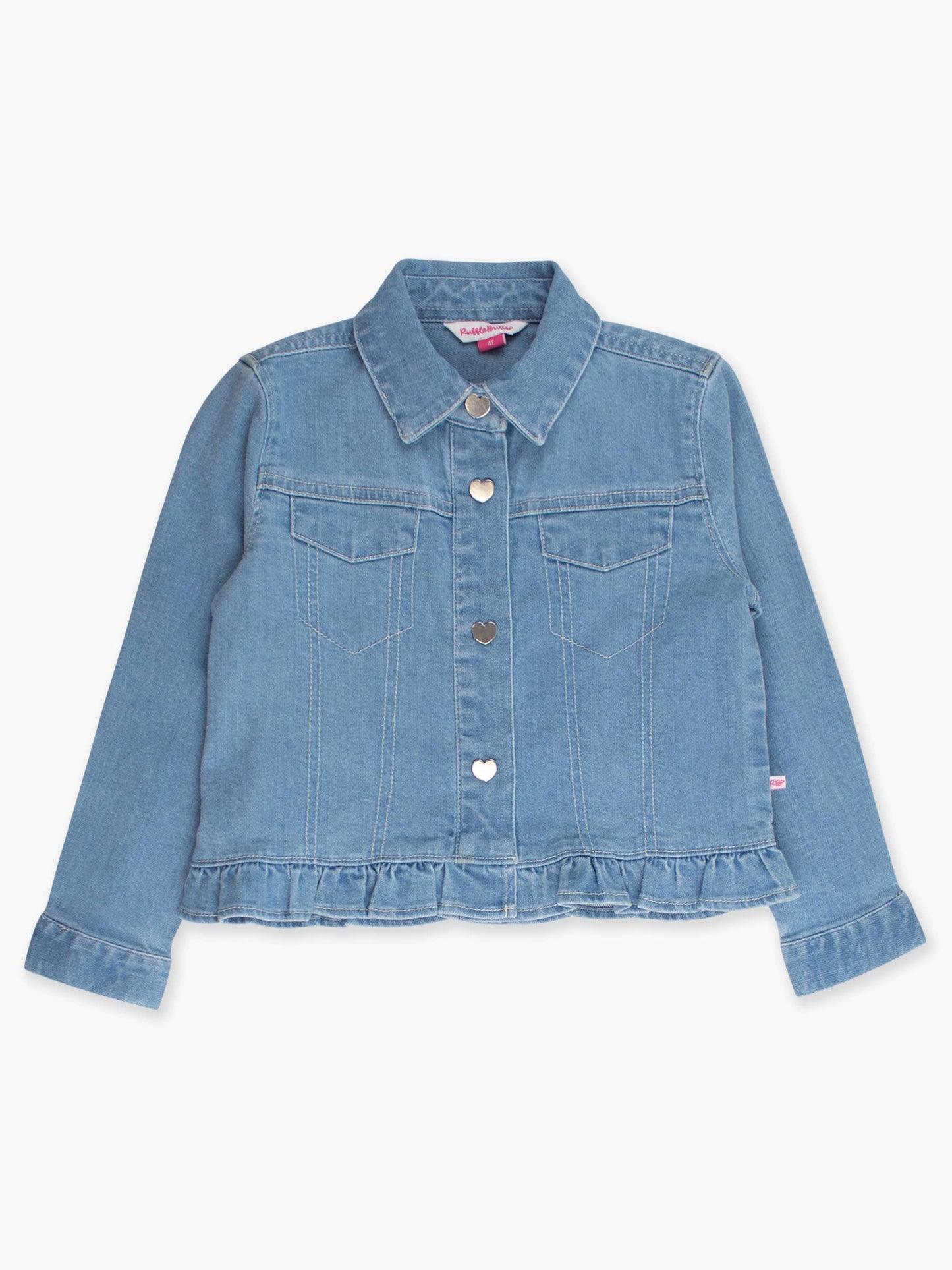 Girls Light Wash Denim Stretch Denim Ruffle Jean Jacket with Heart Buttons