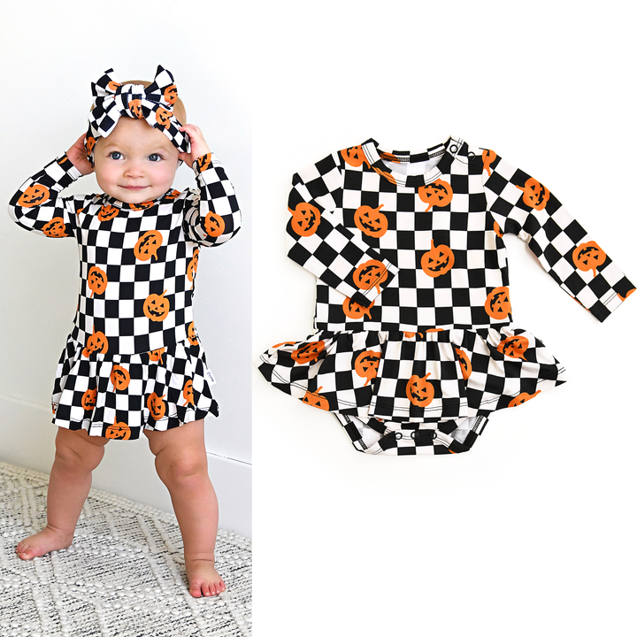 Vestido de Halloween para bebé con tutú de bambú y calabazas a cuadros de Merlín