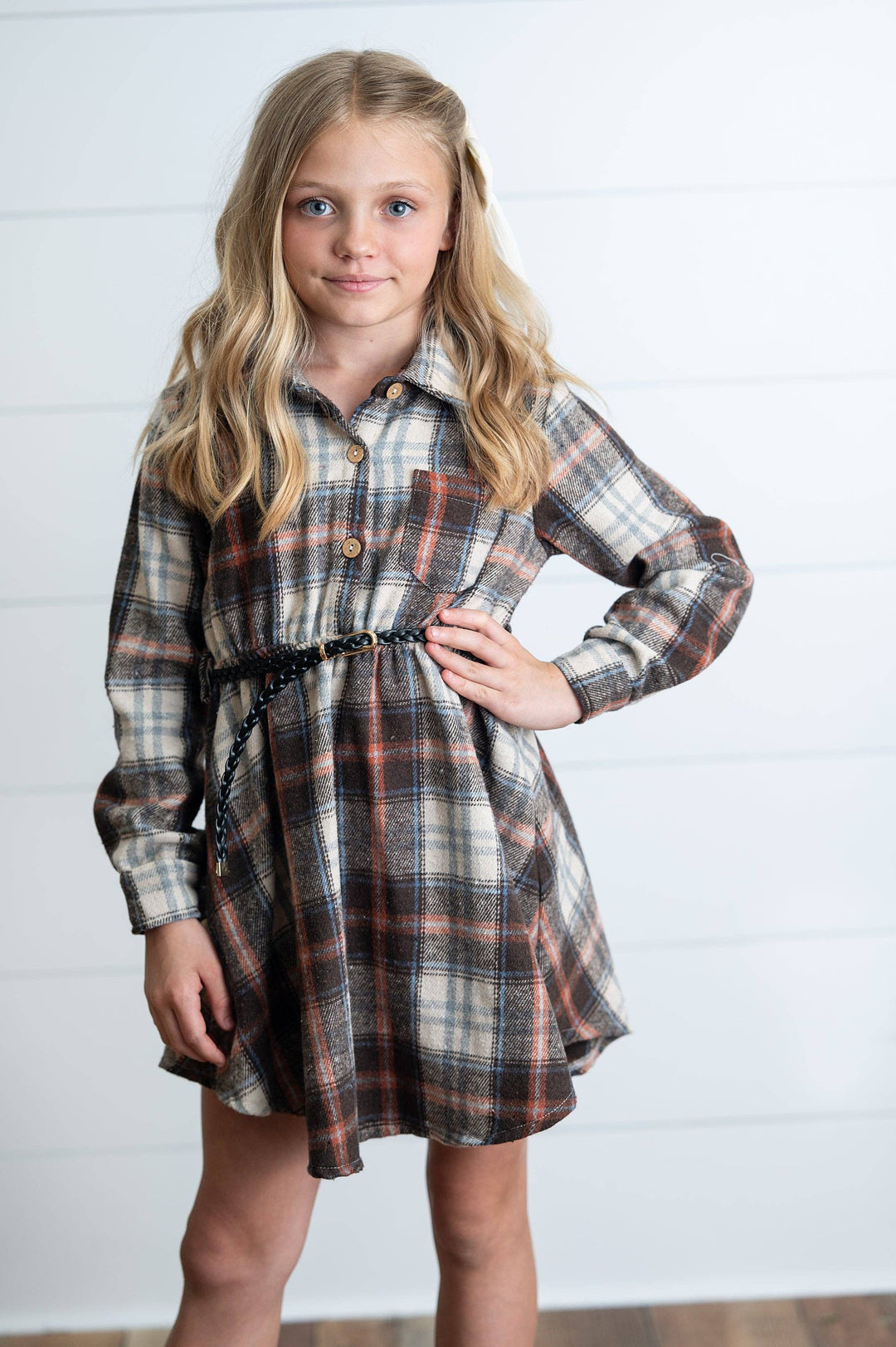 Girls Fall Plaid Button Shirt Dress With Belt