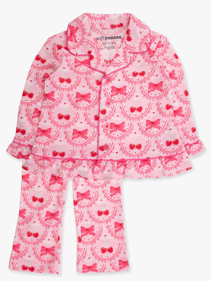 SoftSnooze™ Girls Love You Cherry Much Long Sleeve Button Up Ruffle Flare Pajama Set